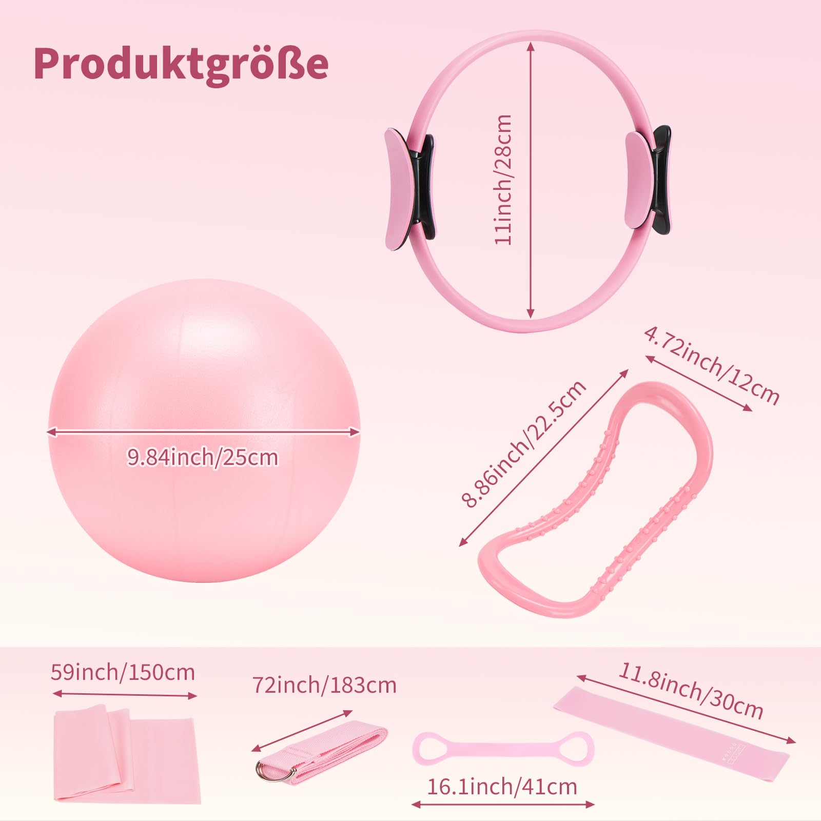 Pilates Ring Set, Home Workout Pilates Ausrüstung mit Pilates Ball, Widerstandsbänder und Zubehör, 14'' Magic Circle Hoop, Pilates Starter Kit für Frauen Anfänger zu Hause
