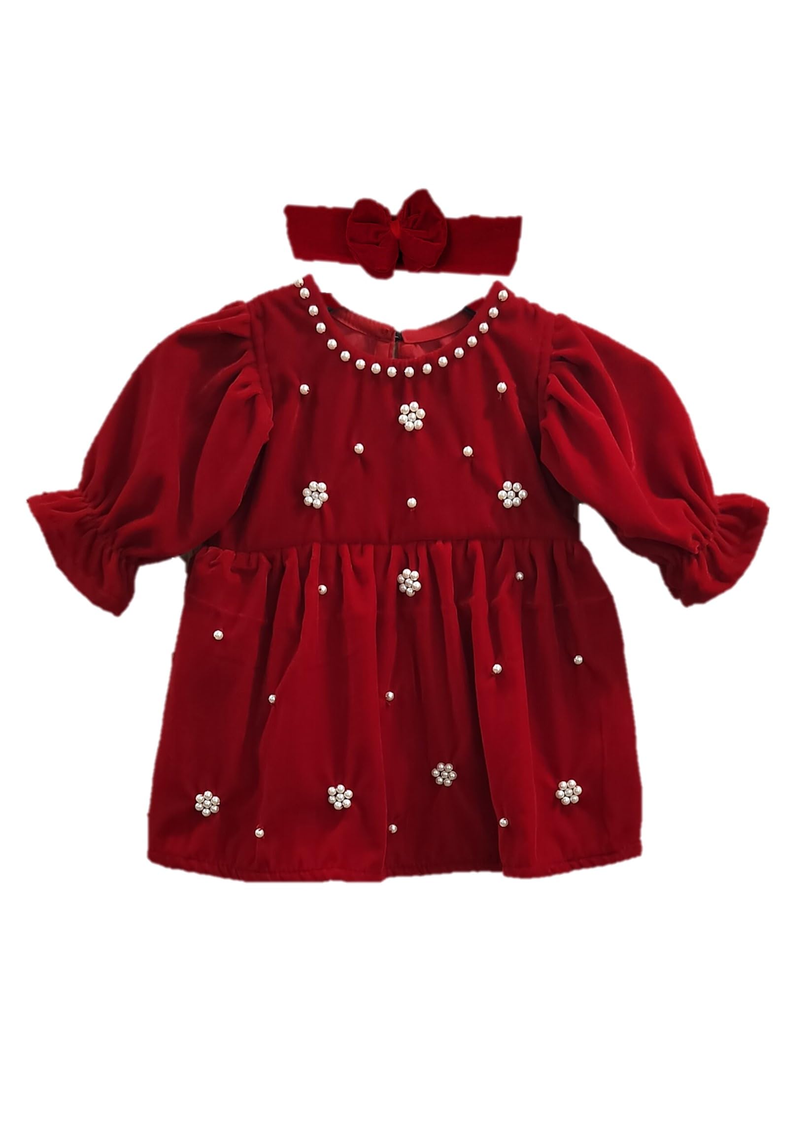 The Root And Craft Kids Birthday Photoshoot Outfit Dress Girls Velvet Frock with Hairband Born Baby Photography Photoshoot Props (Red)-image-49
