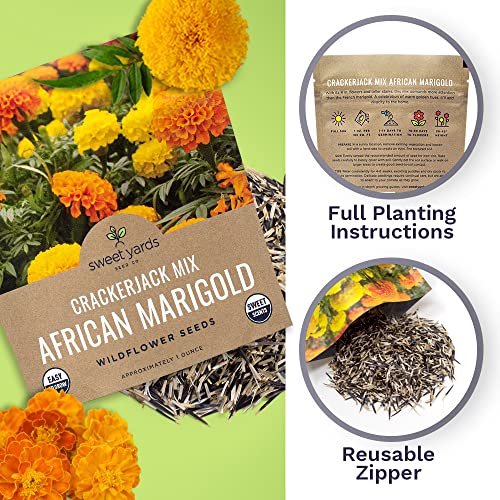 African Marigold Seeds Crackerjack Mix - Bulk 1 Ounce Packet - Over 10,000 Seeds - Huge Orange And Yellow Blooms… #TOP4