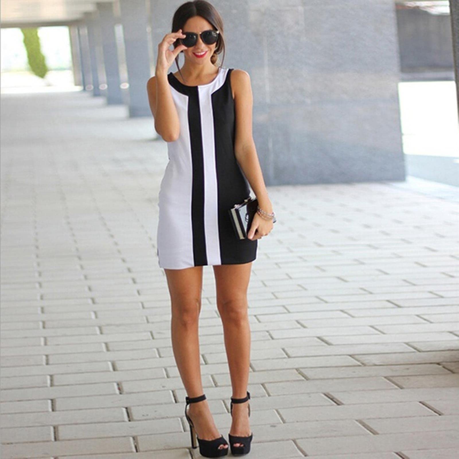 Vestito Donne Vestito Sexy Moda Estate Nero Nero Cuciture O-Collo Senza Maniche Sexy Abiti da Ufficio