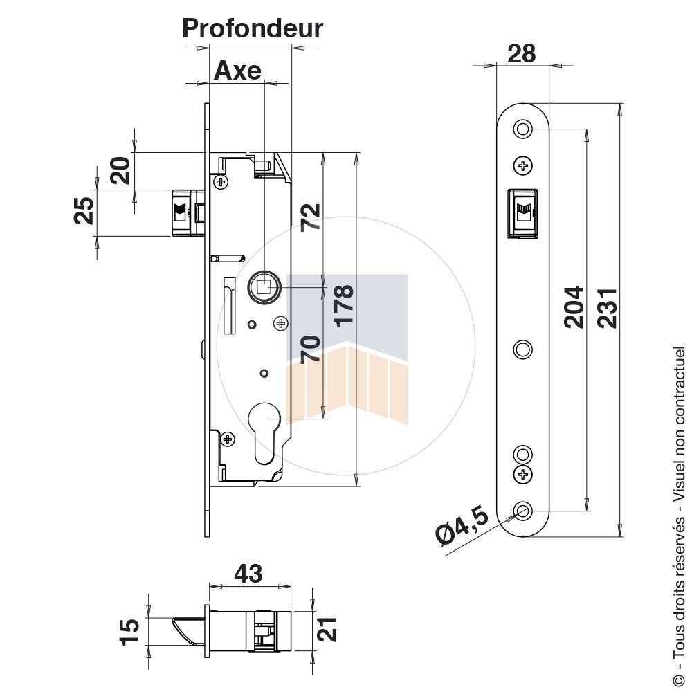 PORTAC Serrure multifonction à encastrer à réglage en façade - Carré (mm) : 8, Profondeur (mm) 44 - Axe à 29 (sans bagues)