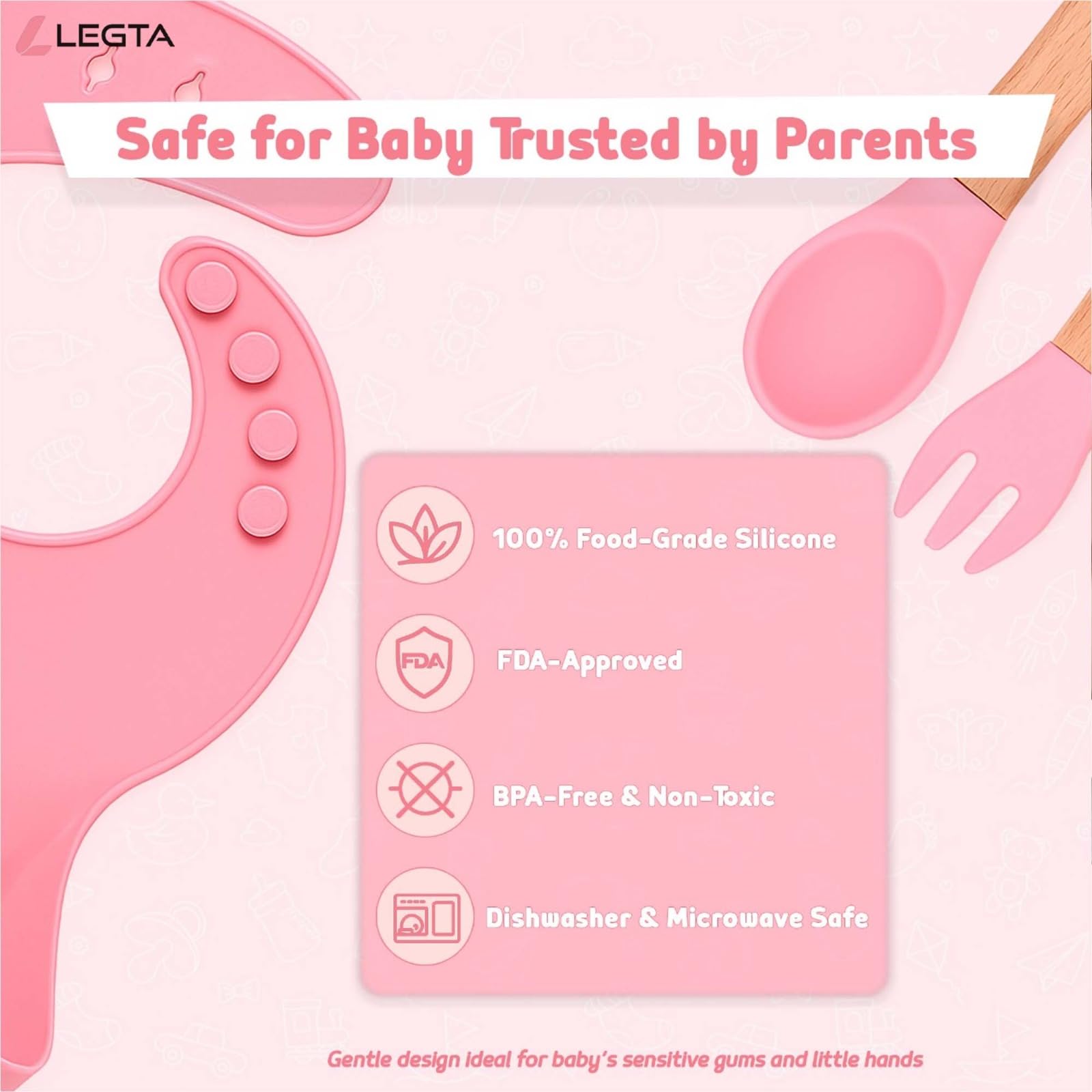 Set per lo svezzamento del bambino, in silicone rosa, con piatto, ciotola, tazza, cucchiaio, forchetta, bavaglino, 11 pezzi, per uso alimentare, lavabile in lavastoviglie (rosa)