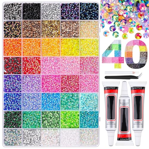 32000 Stück Strasssteine Kit With Glue 40 Farben Bedazzling Kit 3mm Glitzersteine Zum Basteln Bedazzling Kit für Nägel & Textilien Strasssteine für Nageldesign Gesichts Make Up Bastelarbeiten