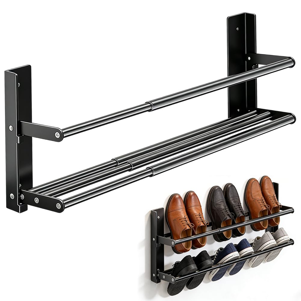 Schuhregal Wandmontage Ausziehbar 37-67cm, Schuhhalter Metall Schwarz, Mini Schuhregal Schmales 2 Ebenen Schuhorganizer für Tür, Korridor, Badezimmer, Wohnwagen – Platzsparend für 6 Paar Schuhe