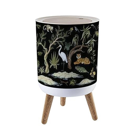Bote de basura pequeño con tapa, selvas, árboles, animales, aislados, moderno, tropical, impreso, redondo, tapa de prensa, papelera a prueba de