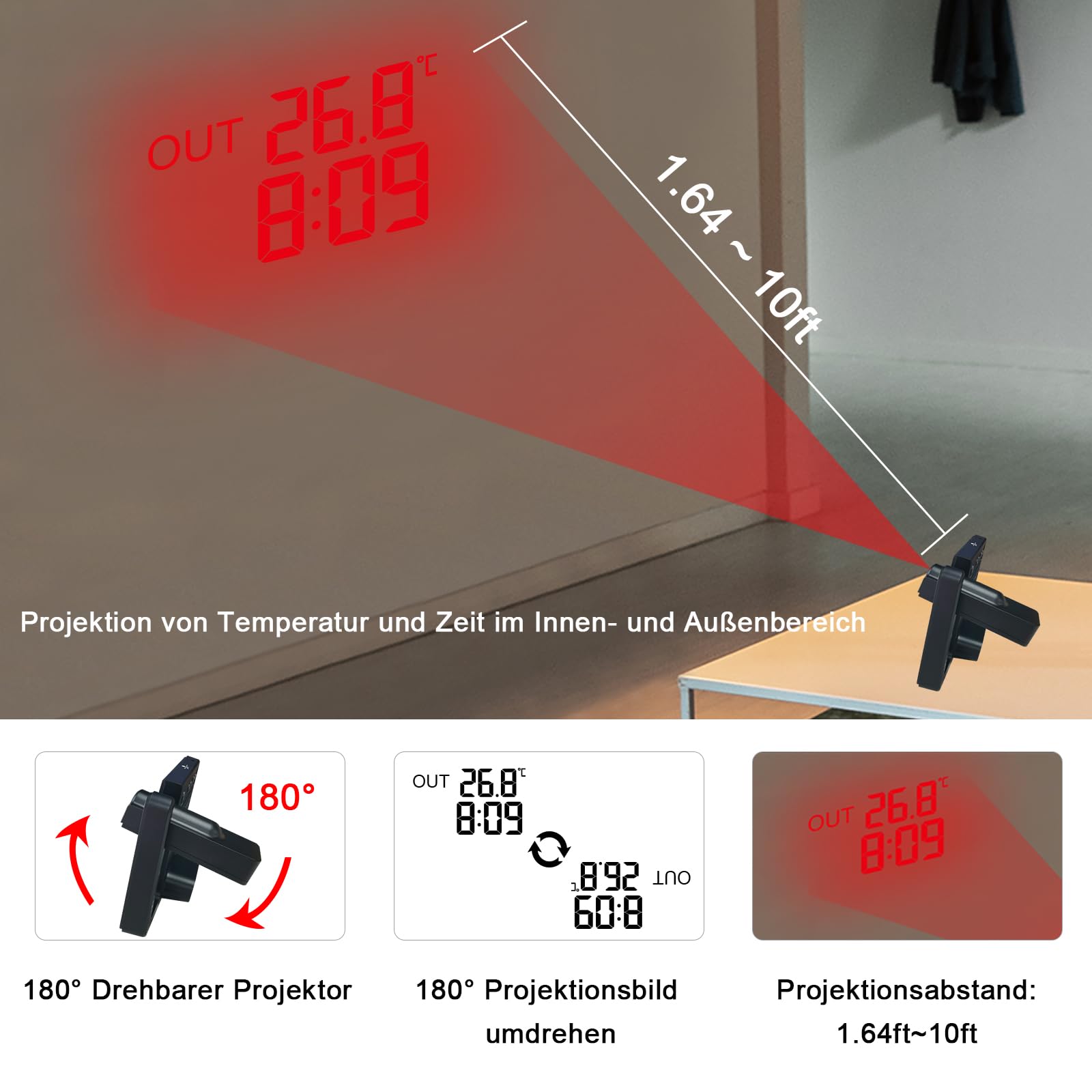 KETOTEK Digitaler Projektionswecker Funk Wetterstation mit Projektion | Innen- und Außenthermometer, Hygrometer, Temperatur- und Luftfeuchtigkeitsmonitor, Wettervorhersage mit 3 Fernsensoren