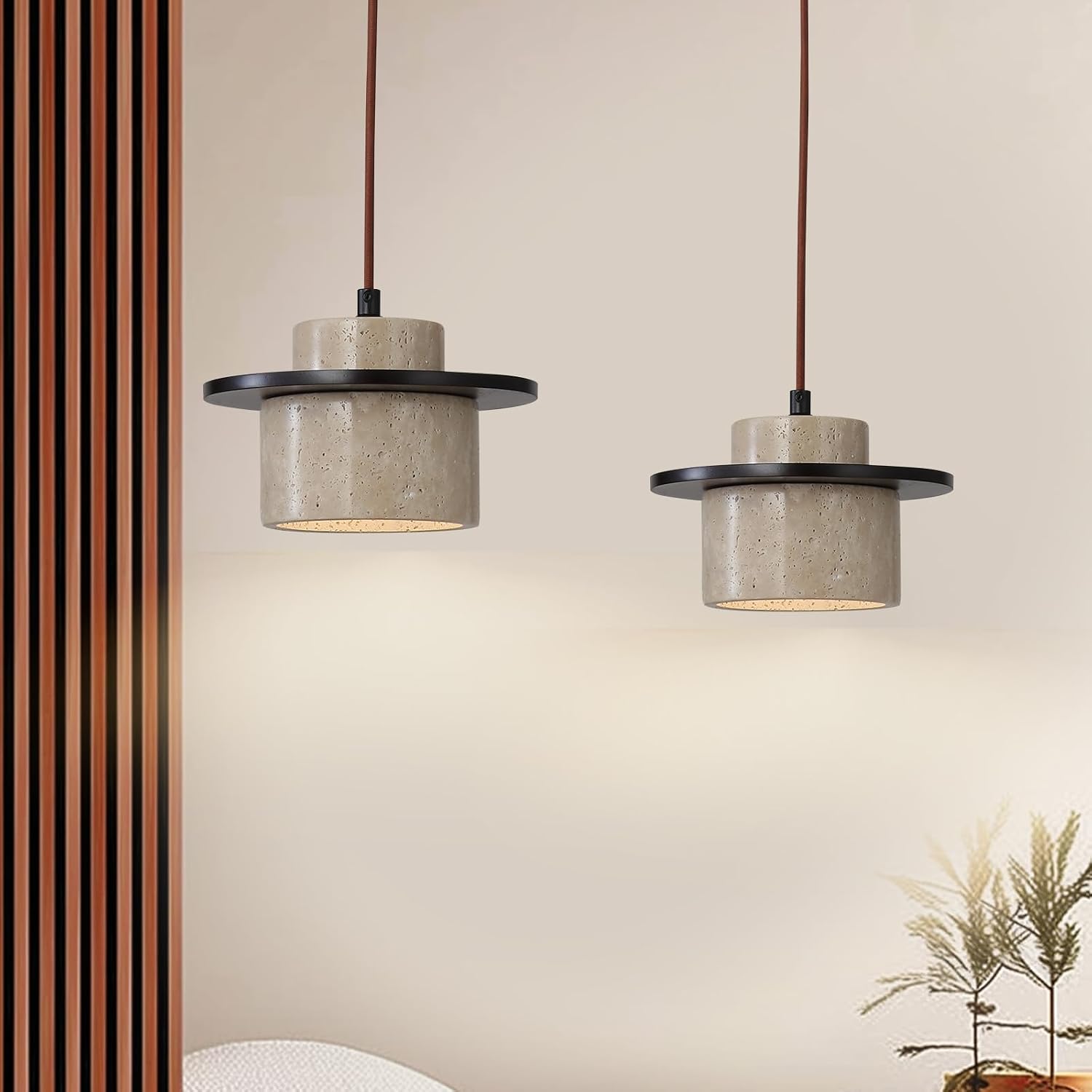 2PCS Japanese Wabi Sabi Natural Stone Pendant Light Nordic Yellow Travertine Pendant Lamp for Kitchen Island,Mid-Century Vintage Wood Chandelier for Dining,Bedside,Entryway,Cafe,Restaurant