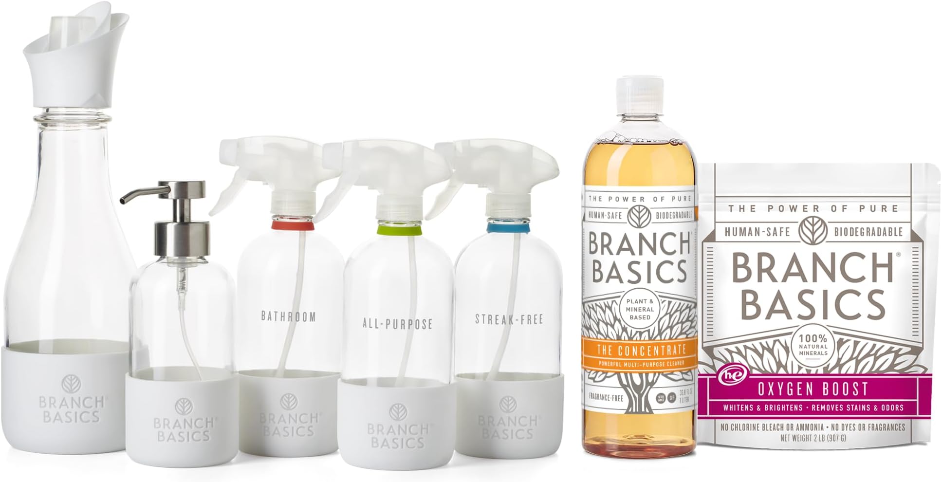 Premium Starter Kit in Glass: All Purpose Cleaner, Glass Cleaner, Bathroom Cleaner, Wash Bottle, and Laundry Bottle (3 Glass Spray Bottles + Concentrate) Fragrance-Free