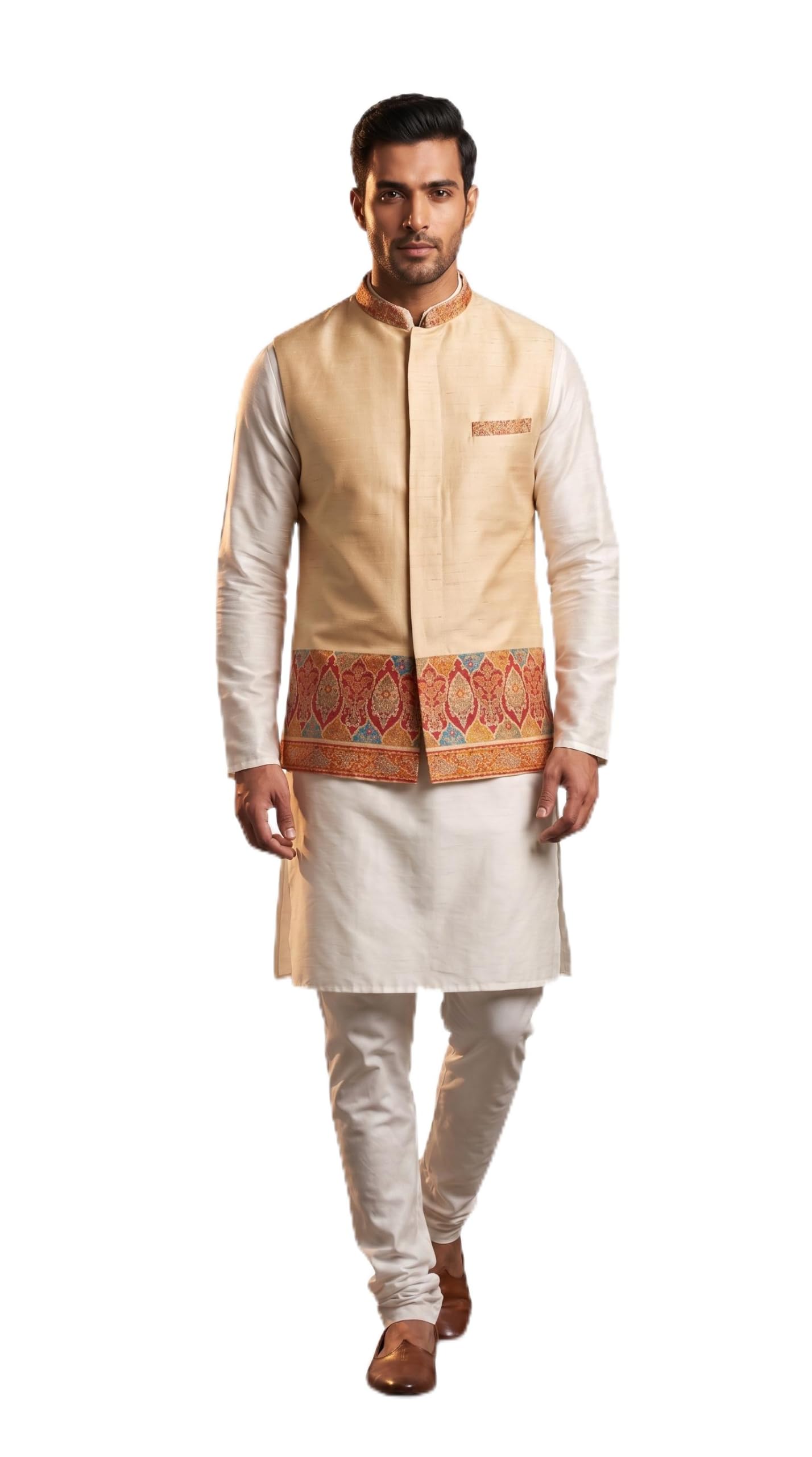 Men's Nehru Jacket Beige with Multicolour Brocade Border-image-37