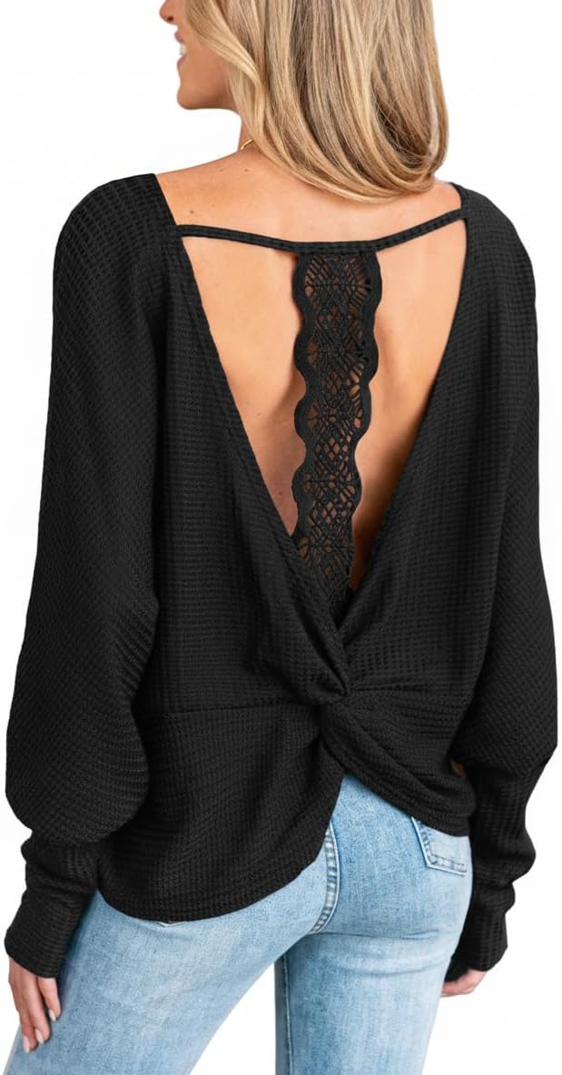 CUPSHE Womens Long Sleeve Crewneck Blouse Sexy Back Lace Ribbed Knit Tops - Image 7