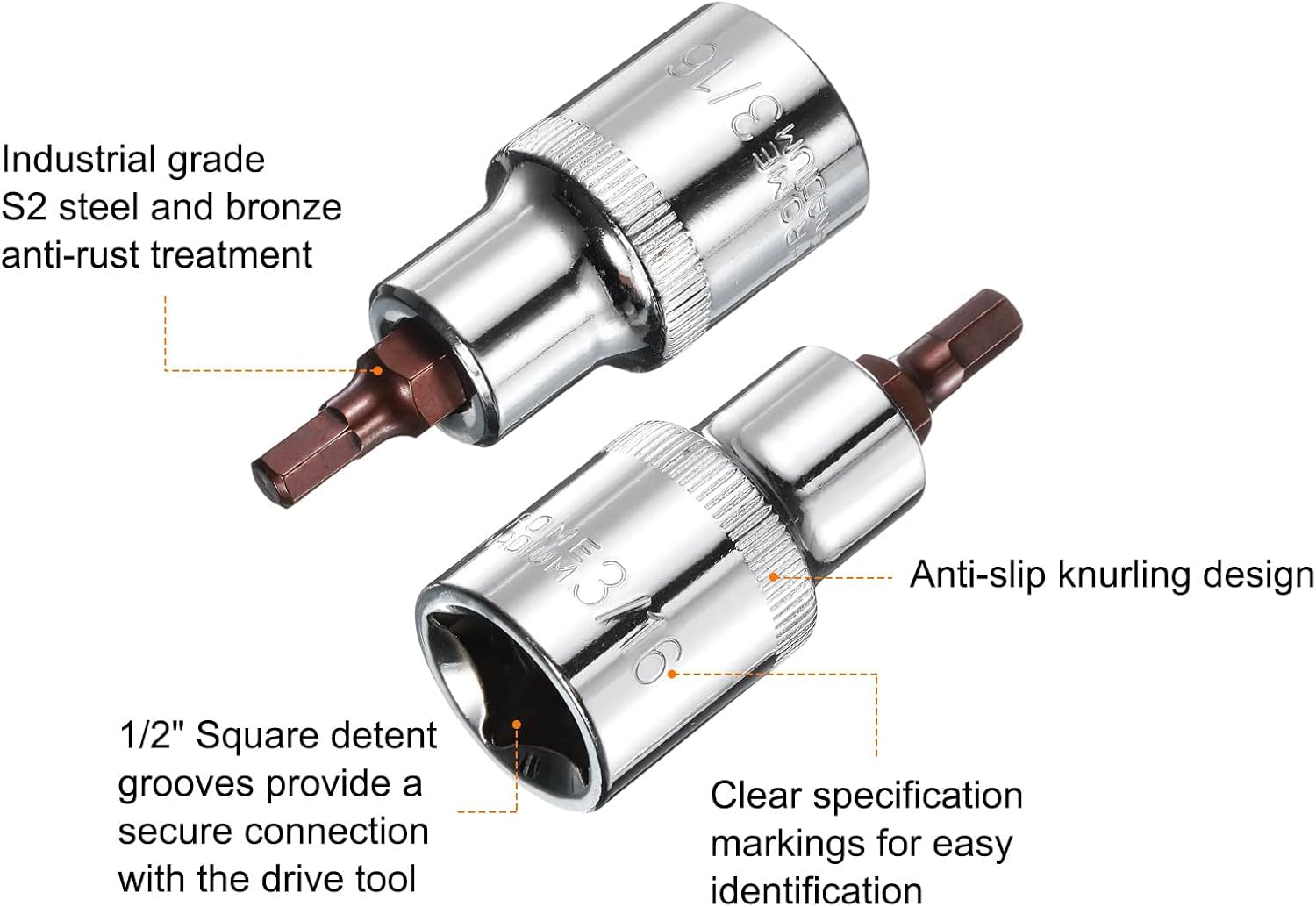 HARFINGTON 3/16" Hex Bit Socket 1/2" Square Drive SAE Extension Impact Bit Power Nut Driver Set S2 & CR-V Steel Socket Ratchet Wrench Bits