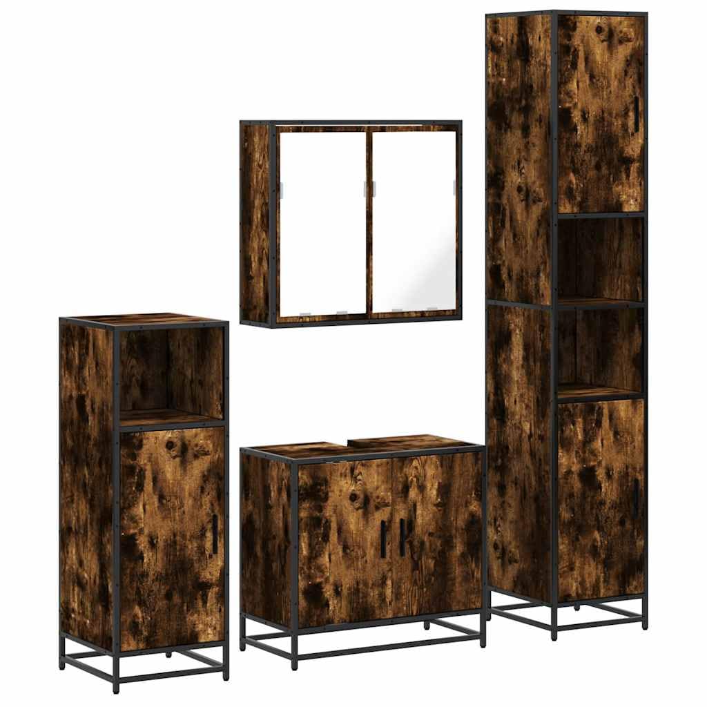 Set di mobili da bagno in 4 pezzi legno intagliato rovere affumicato