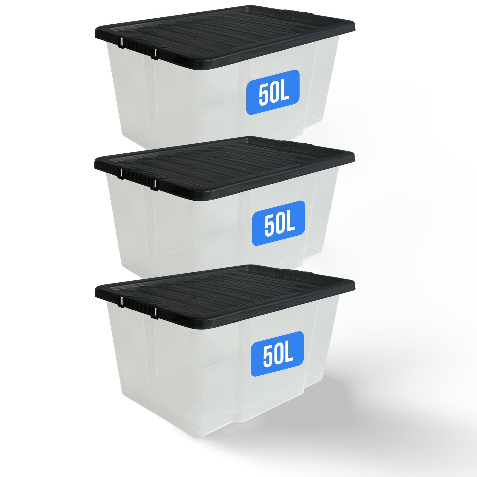 KAPCO 50 Litre Storage Boxes with Lids (3 Pack) | Large, Stackable Clear Plastic Box with Black Lid | Ideal Multipurpose Storage Solution for Home & Office | 57 x 40 x 30cm