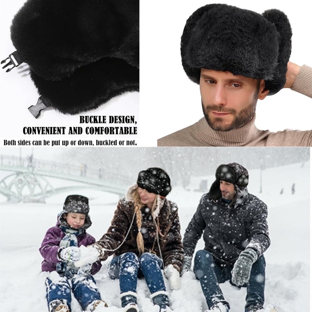Chapeau de trappeur d'hiver - Chapeau russe - Chapeau d'hiver chaud avec oreilles - Coupe-vent - Fausse fourrure - Noir - Pour le patinage, l'extérieur ou un usage quotidien.