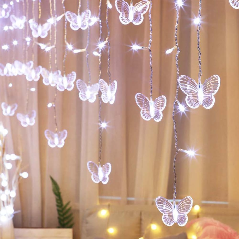 Lainin 12ft USB-Powered Butterfly Fairy Icicle Lights Curtain Night Light with 8 Unique Modes - Perfect for Indoor/Outdoor Parties, Weddings, Christmas & Room Decor - Purple