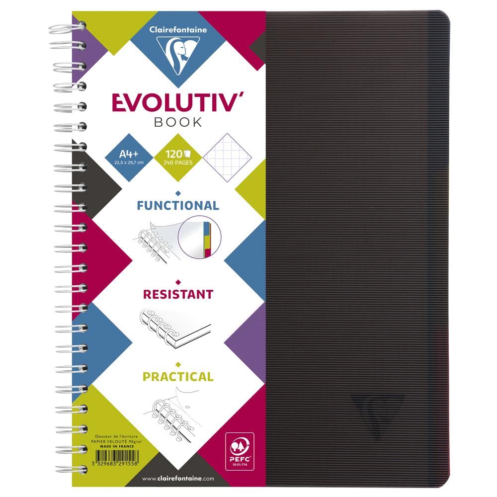 Clairefontaine Lot de 5 Cahiers spiralé Evolutiv'Book 240 p perfo 4 trous 23,5x29,7cm 5x5 - Intercalaires