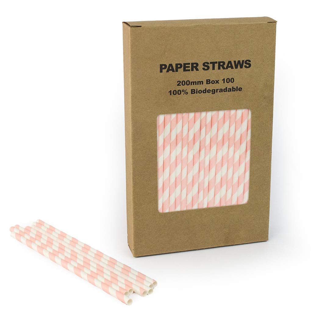 Pailles En Papier Rayées Rose Et Blanc – 20cm – Biodégradables Et Compostables – Idéal Pour Fêtes Et événements