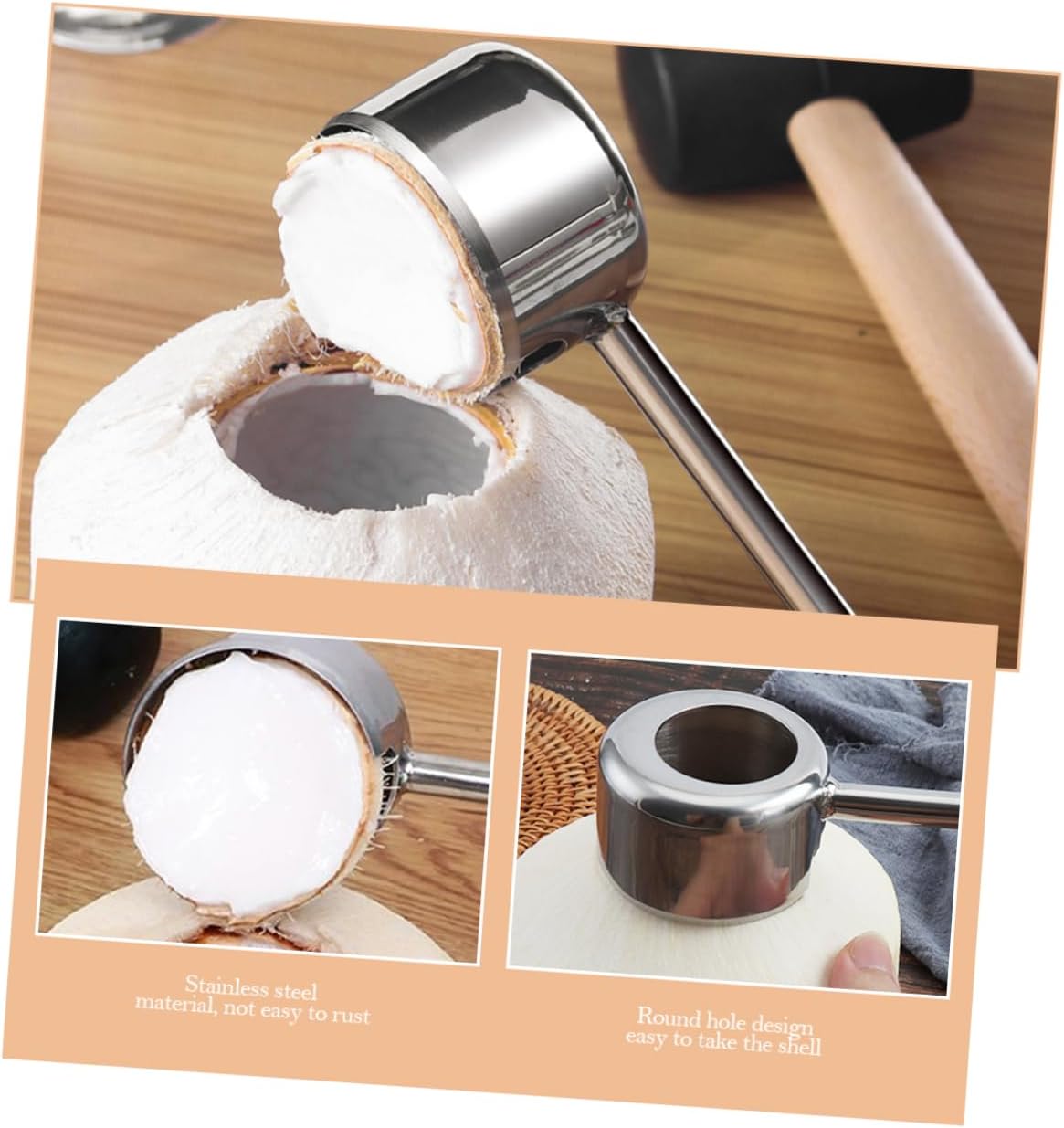 2pcs Coconut Opener Kit Stainless Steel Coconuts Opener Rubber Hammer for Easy Opening