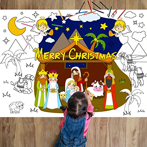 Image of Christmas Coloring Books for Nativity Scene Giant Coloring Poster Religious Large Coloring Tablecloth Huge Table Cover for Home Holiday Party Supplies Favor 31.4 x 43.3 Inch
