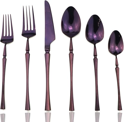 JASHII Juego de cubiertos de acero inoxidable de 6 piezas, servicio para 1 juego de vajilla de cocina, elegante juego de vajilla morada, cuchillo,