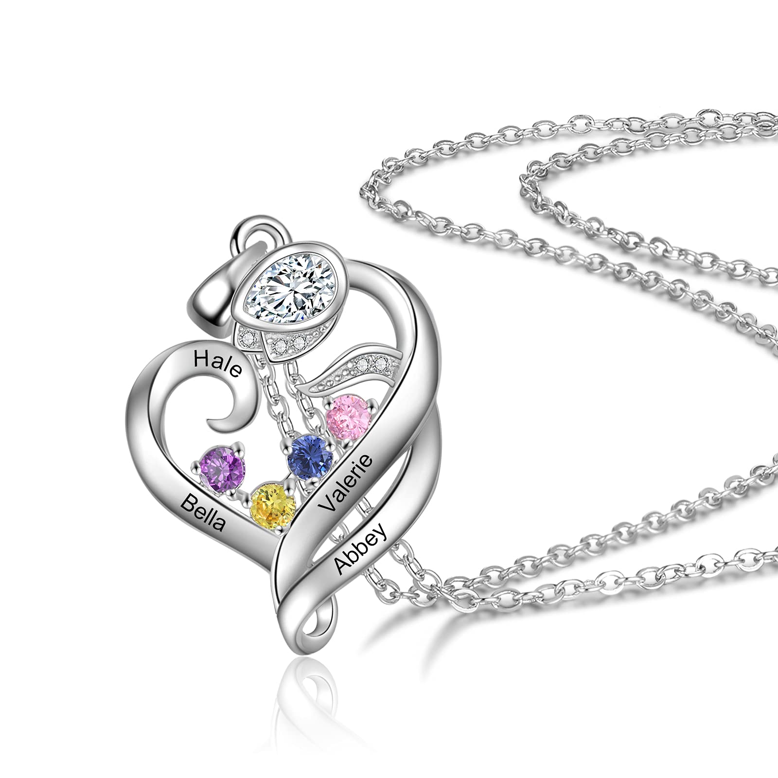 Collana Rosa Personalizzata Cuore 925 Argento Rosa Fiore Ciondolo con Incisione 2-4 Nome Birthstone BFF Collana Figlia Signore Regalo per la Festa della Mamma San Valentino