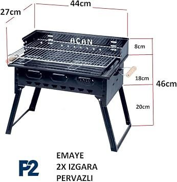 Depolife Pervazlı Emaye Mangal P2 Büyük Boy Kömürlü Barbekü Çift Izgara Katlanır Ayaklı 27x44cm