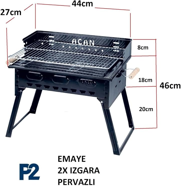 Depolife Pervazlı Emaye Mangal P2 Büyük Boy Kömürlü Barbekü Çift Izgara Katlanır Ayaklı 27x44cm