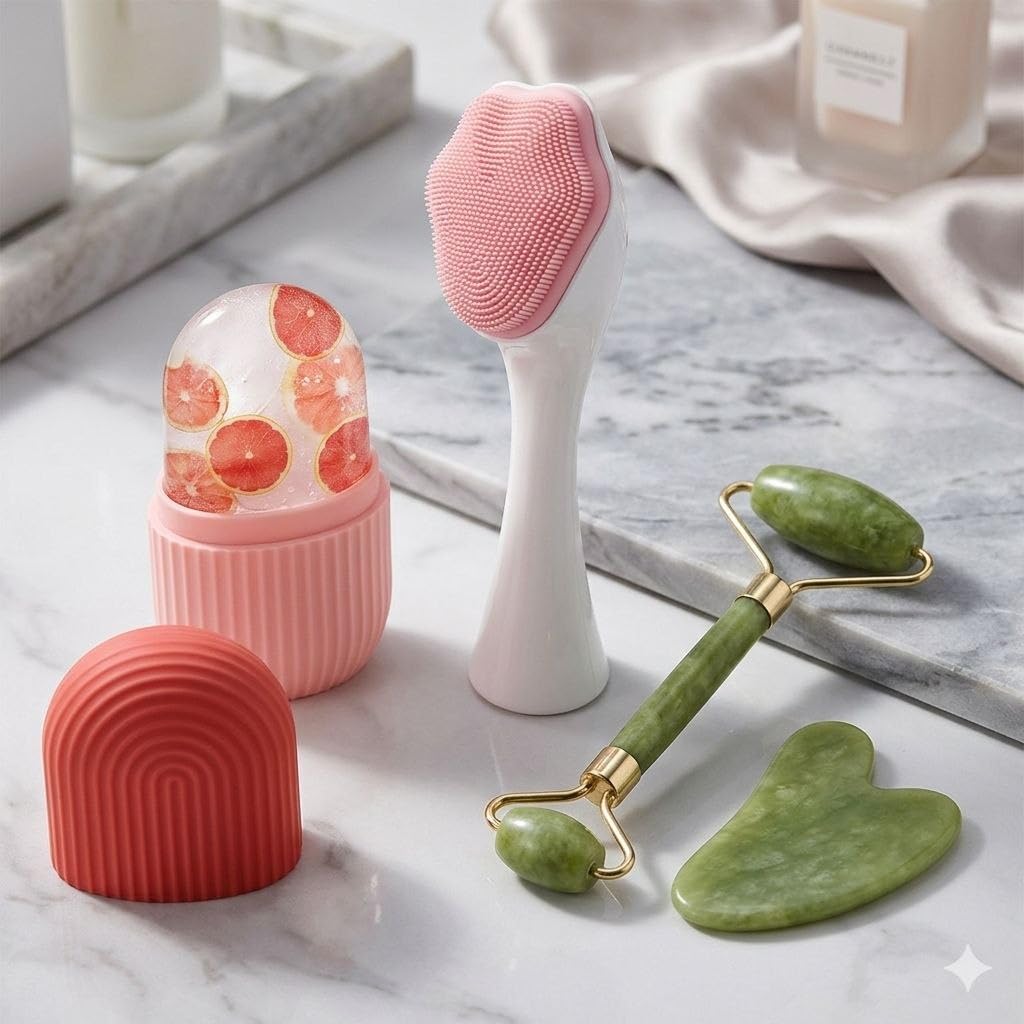 Premium 4-in-1 Facial Skin Care Combo Kit - Includes Silicone Ice Contour Roller, Manual Face Cleansing Brush, Natural Jade Roller and Gua Sha Stone Tools for Face Lifting, Deep Cleansing & Anti-Aging Skin Glow-image-37