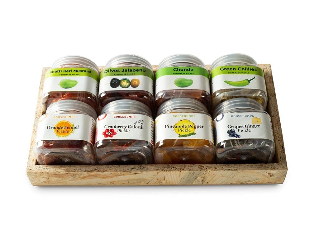 GOOSEBUMPS PICKLES Goosebumps Exotic Fruit Pickles Pack Of 8|Festive Gift Pack |Festival Gift Hamper Wooden Tray, 640 G (Exotic Fruit Pickles Pack Of 8)
