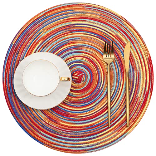Image of SHACOS Round Braided Placemats Set of 8 Washable 15 inch Round Table Mats Colorful Variegated Woven Place Mats for Dining Table (Rainbow Red, 8)