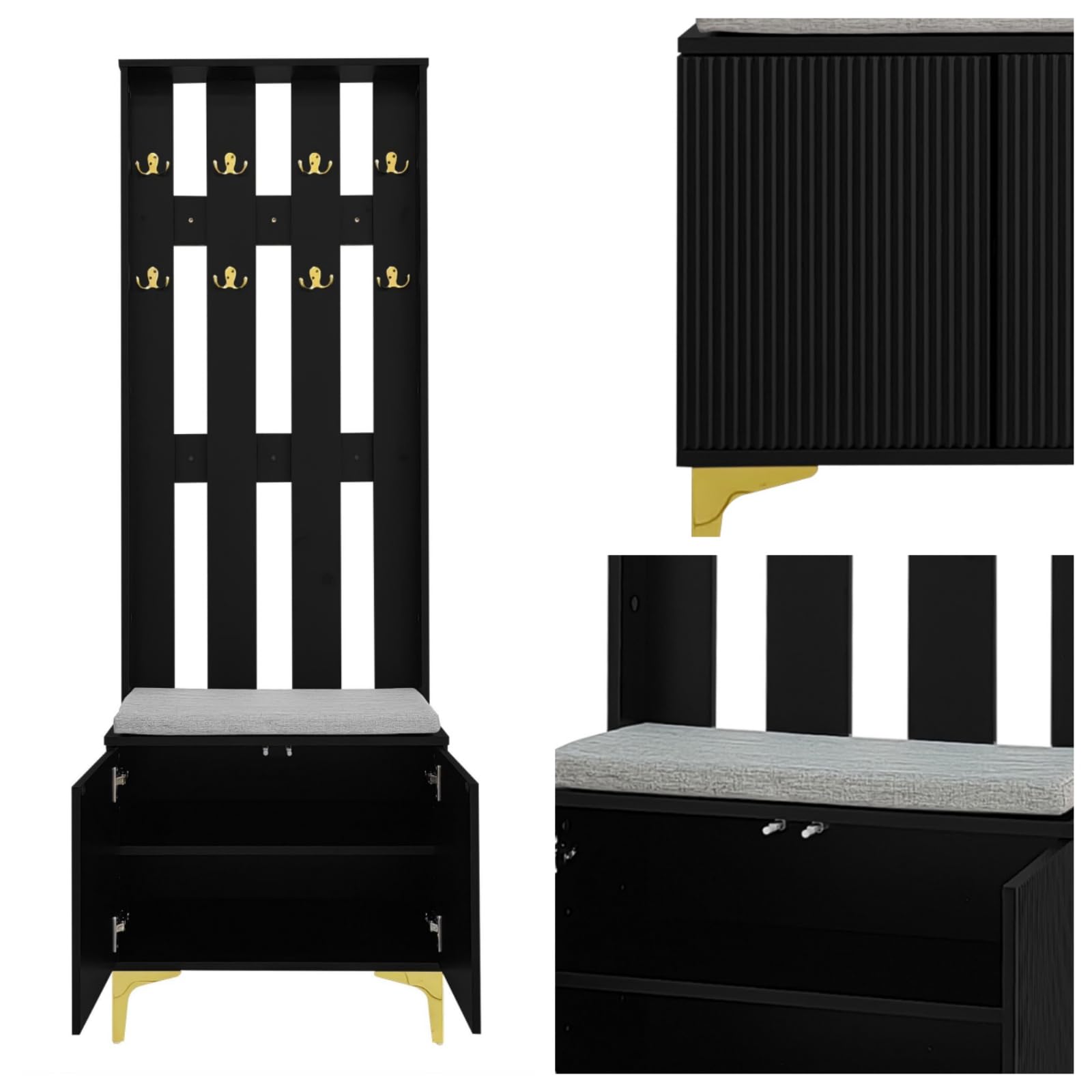 KOMHTOM Vestiaire d'entrée avec Crochets et Banc à Chaussures Casier vestiaire avec Armoire à Chaussures, Meubles pour entrée Modernes (A-Noir)
