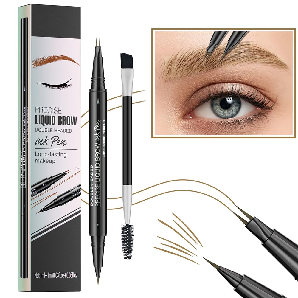 Pinkiou Eyebrow Pen,Microblading Eyebrow Pen,2-In-1 Waterproof Eyebrow Pen,Dual-Ended Eyebrow Pen with 2-Fork-Tips and Precision Brush,Eyebrow Pen for Natural Hair-Like Brows,Long Lasting,Light Brown