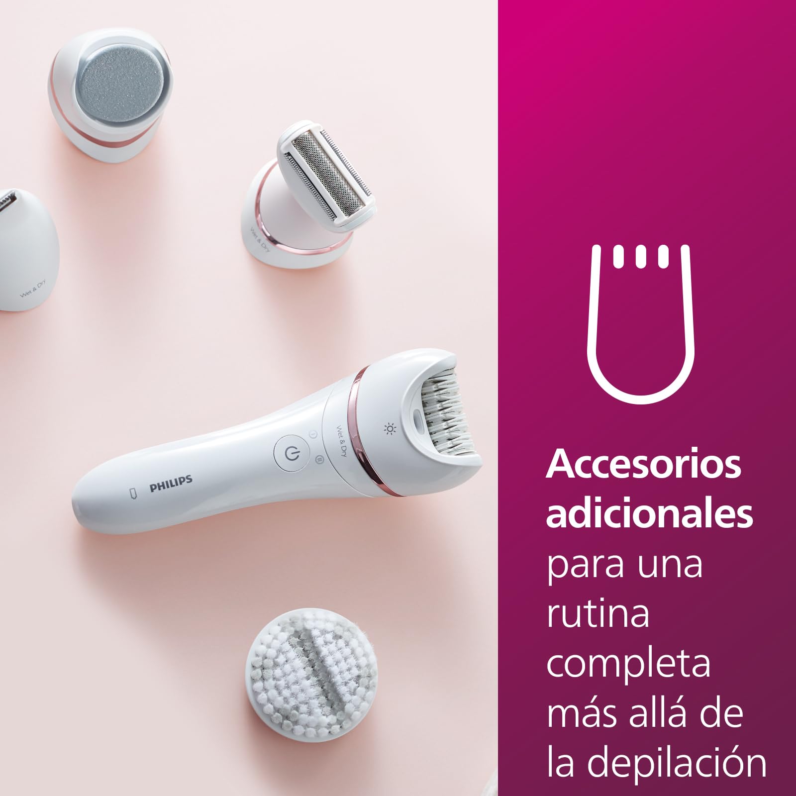 Philips Depiladora Mujer Serie 8000, 9 en 1, Para Cuerpo, Cara, Pies y Bikini, Uso en Seco o Humedo, Piel Suave desde Casa, Cabezal Ceramico, BRE740/10, Blanco