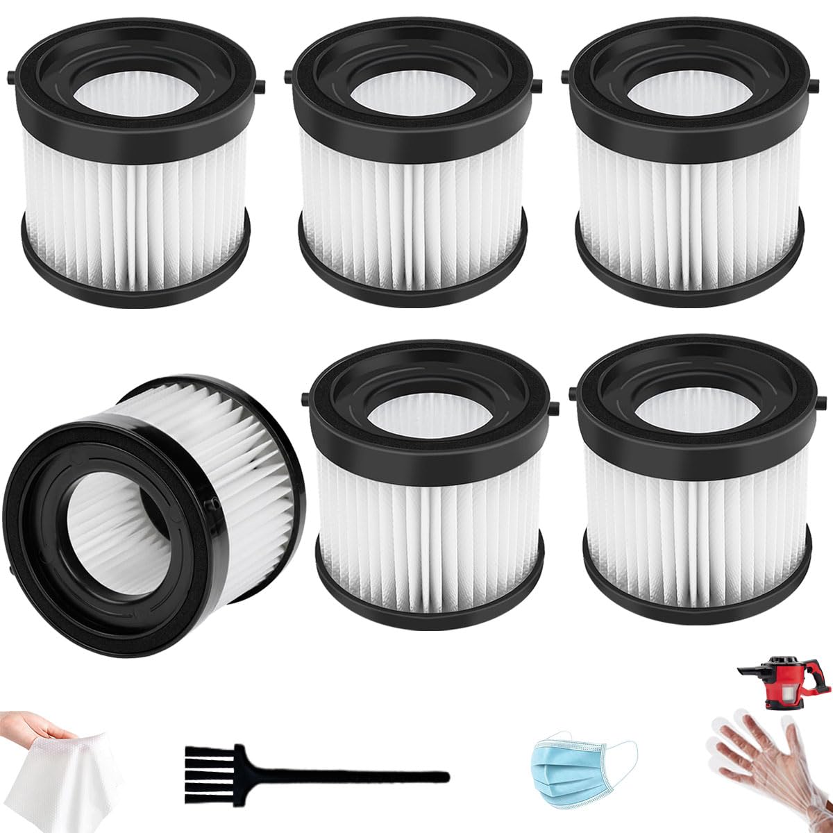 6-Pack 49-90-0160 HEPA Filter Replacement for Milwaukee 0882-20 M18 Compact Vacuum - Compatible with Part# 49-90-1951, Includes Cleaning Brush