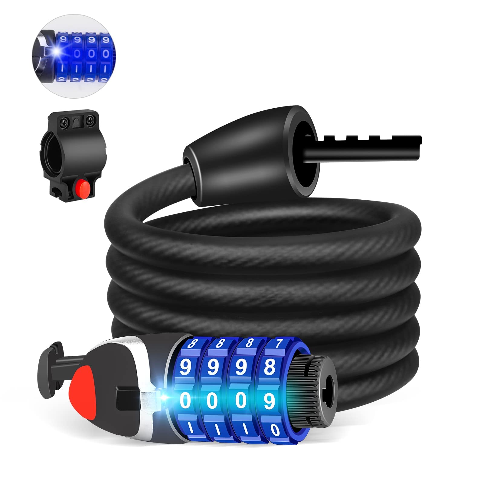 Bike Lock with LED Night Light 4-Digit Resettable Number Combination Cable Lock High Security Chain Lock for Bicycle Outdoors and Other Items That Need to Be Secured, 120cm/12mm (Black)