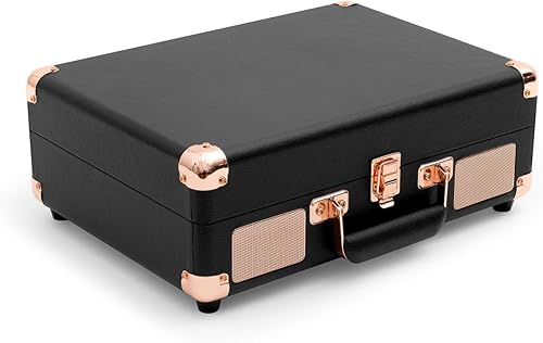 Miniatura 2 de Victrola Tocadiscos portátil de maleta estilo vintage, 3 velocidades, conexión Bluetooth, altavoces integrados, incluye púa extra, marrón, modelo