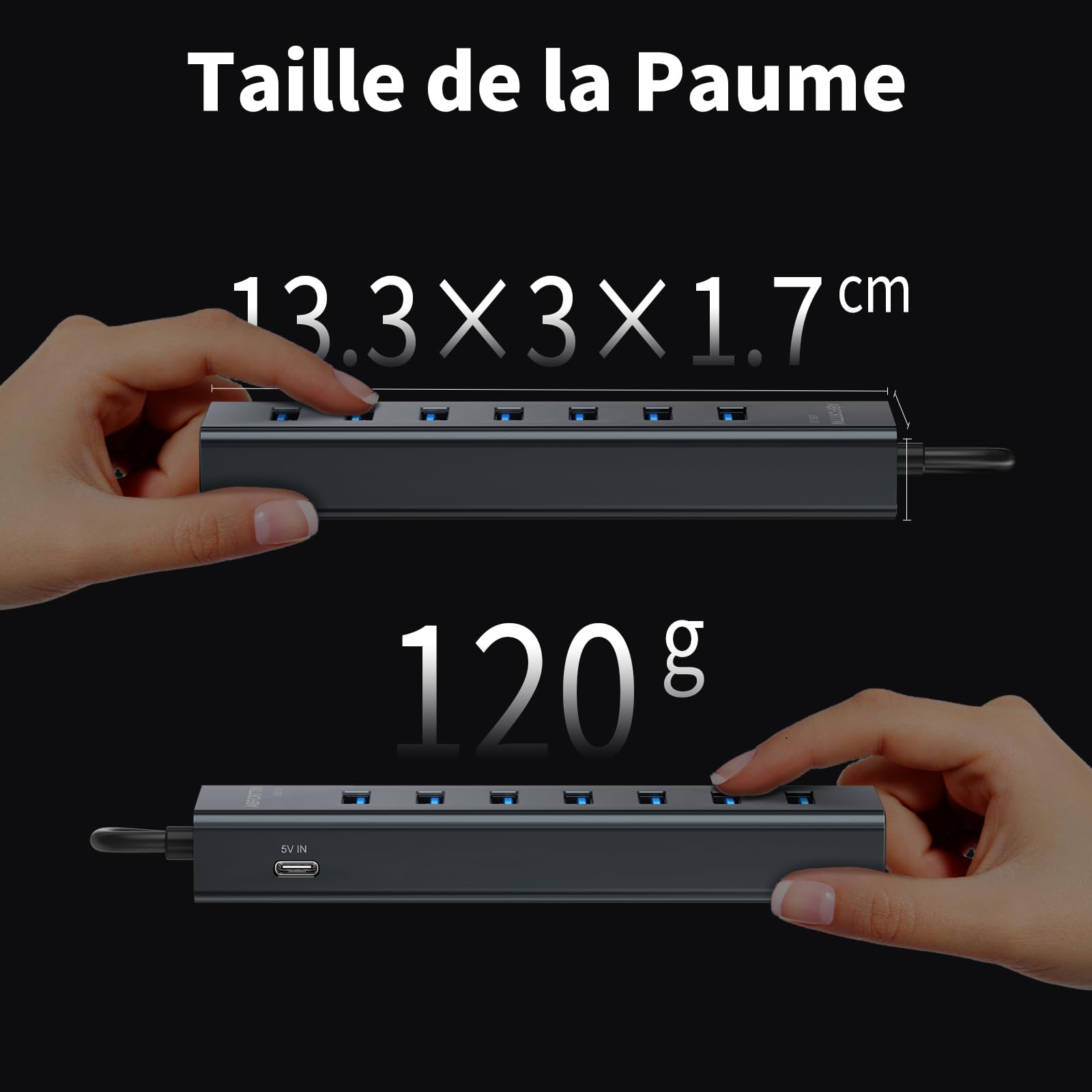Hub USB 3.0 7 Ports Aluminium 120cm Câble 5Gbps 5V 3A Type-C pour PC Bureau