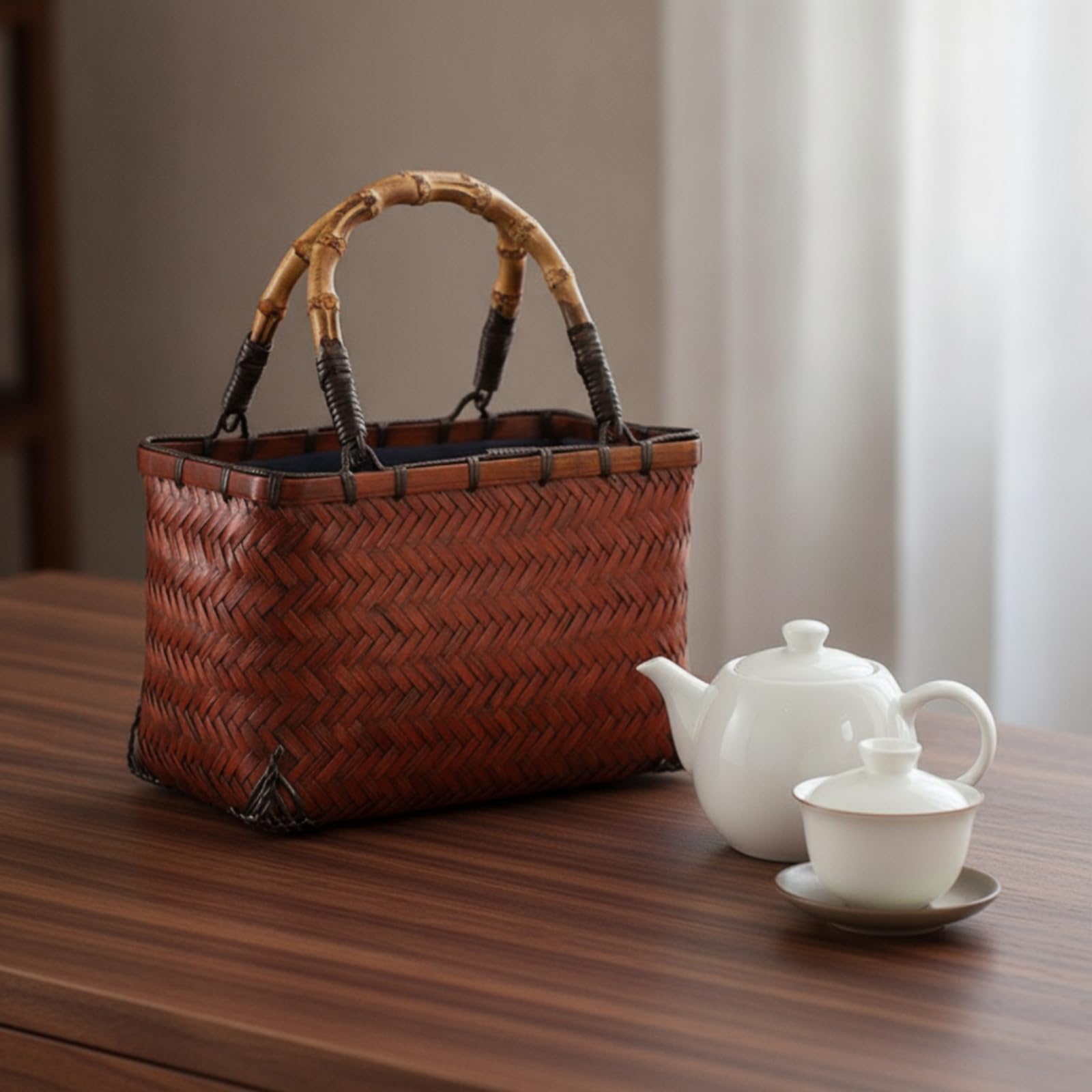 Cestino in Bambù Intrecciato Borsa Cestino Porta Accessori Contenitore Organizer con Manico Struttura Aperta Interno Foderato in Bambù Adatto a, style to 3