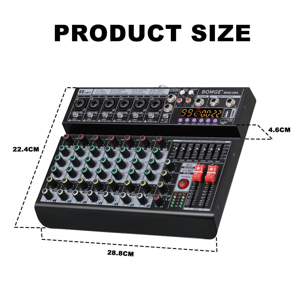 BOMGE Mixeur audio DJ professionnel à 8 canaux, mixeur sonore avec 99 effets DSP/égaliseur 7 bandes/clé USB/Bluetooth/ordinateur/fantôme 48 V pour enregistrement sur PC, karaoké, studio de streaming