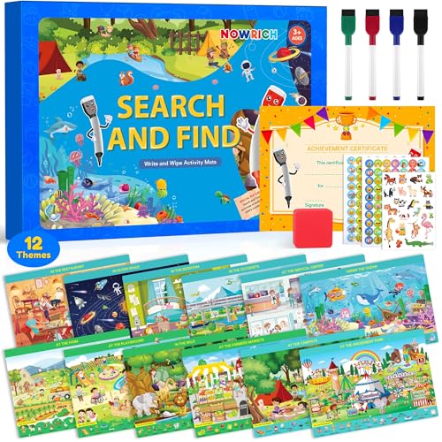 Search and Find Books for Kids Ages 3,4,5,6, Preschool Learning Activities, Educational Reusable Mats for Toddlers, Travel Game Toys for Road Trip Train, Art & Crafts, Birthday Gifts for Girl and Boy