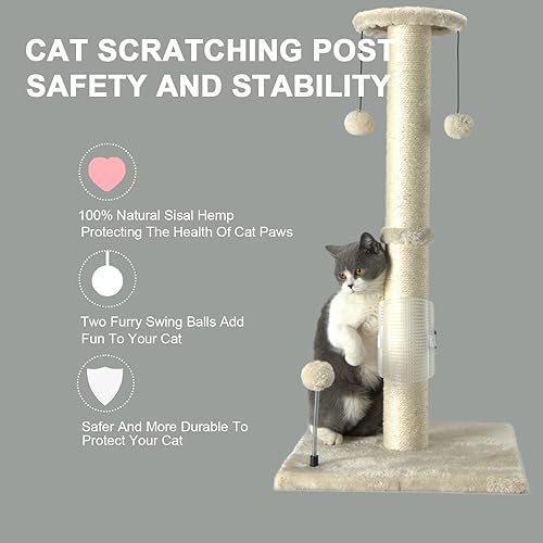 Miniatura 5 de PEEKAB Poste rascador para gatos de 32 pulgadas de alto, postes rascadores de cuerda de sisal con bola colgante y cepillo de auto-masaje, rascador