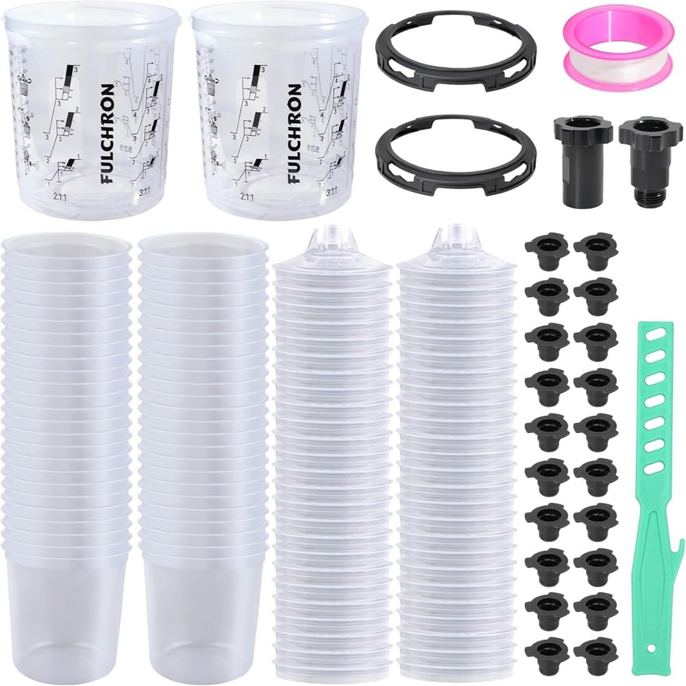 Teuypty Paint Mixing Cups Kit-Disposable 20oz(600ml), 50 with Lids, 2 Hard Cups& Retainer Rings, 2 Adapters& PTFE Tape