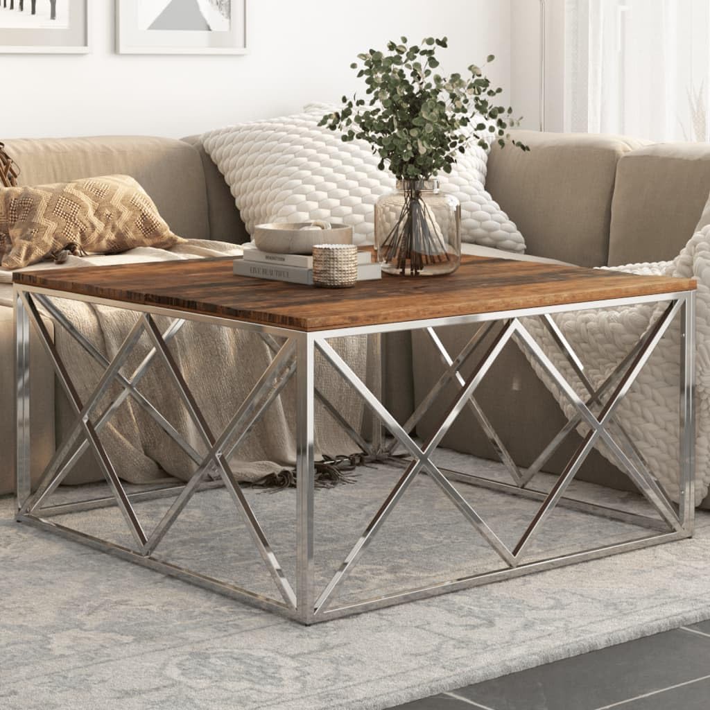 Mesa de centro plateada de acero inoxidable, tablero de madera maciza, 100 x 100 x 50 cm, muebles robustos, fáciles de limpiar, para salón elegante