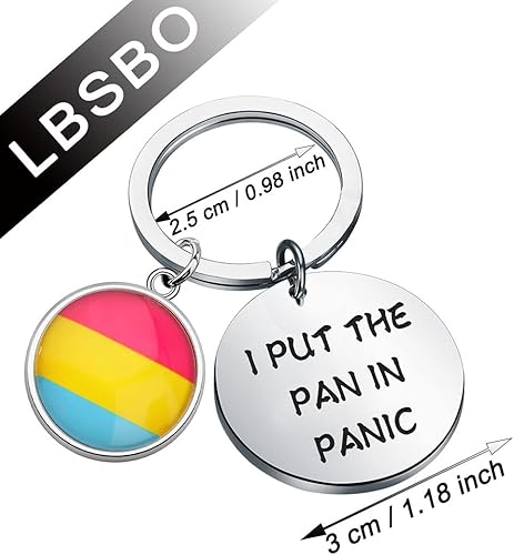 Miniatura 2 de Llavero pansexual de joyería con dije de bandera pensexual para regalo de orgullo pansexual con texto en inglés "I put the Pan In Panic