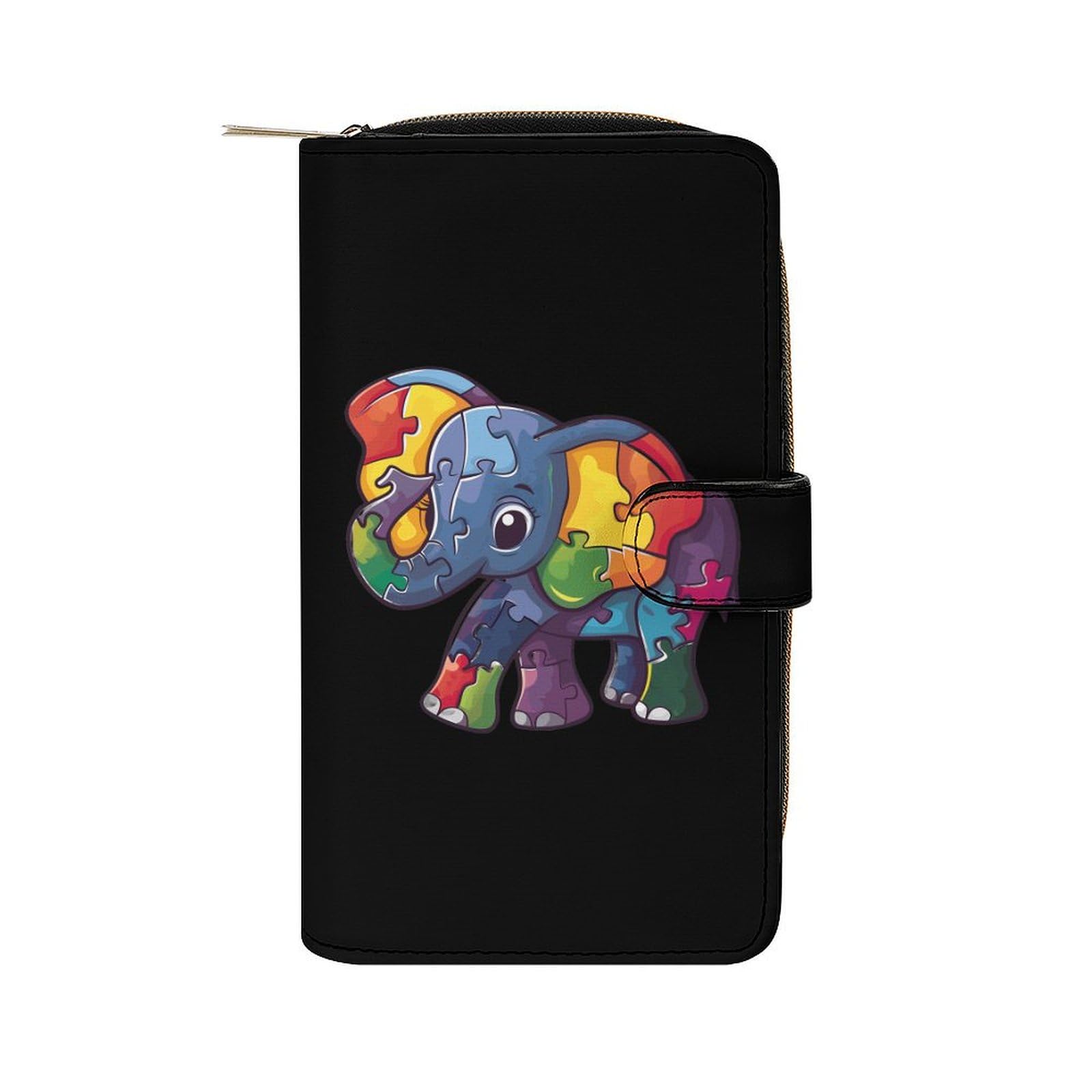 Autism Awareness Puzzle Elephant Leather Long Pouch Wallet for Men And Women Large Capacity Clutch Cash Wallet with Zippered