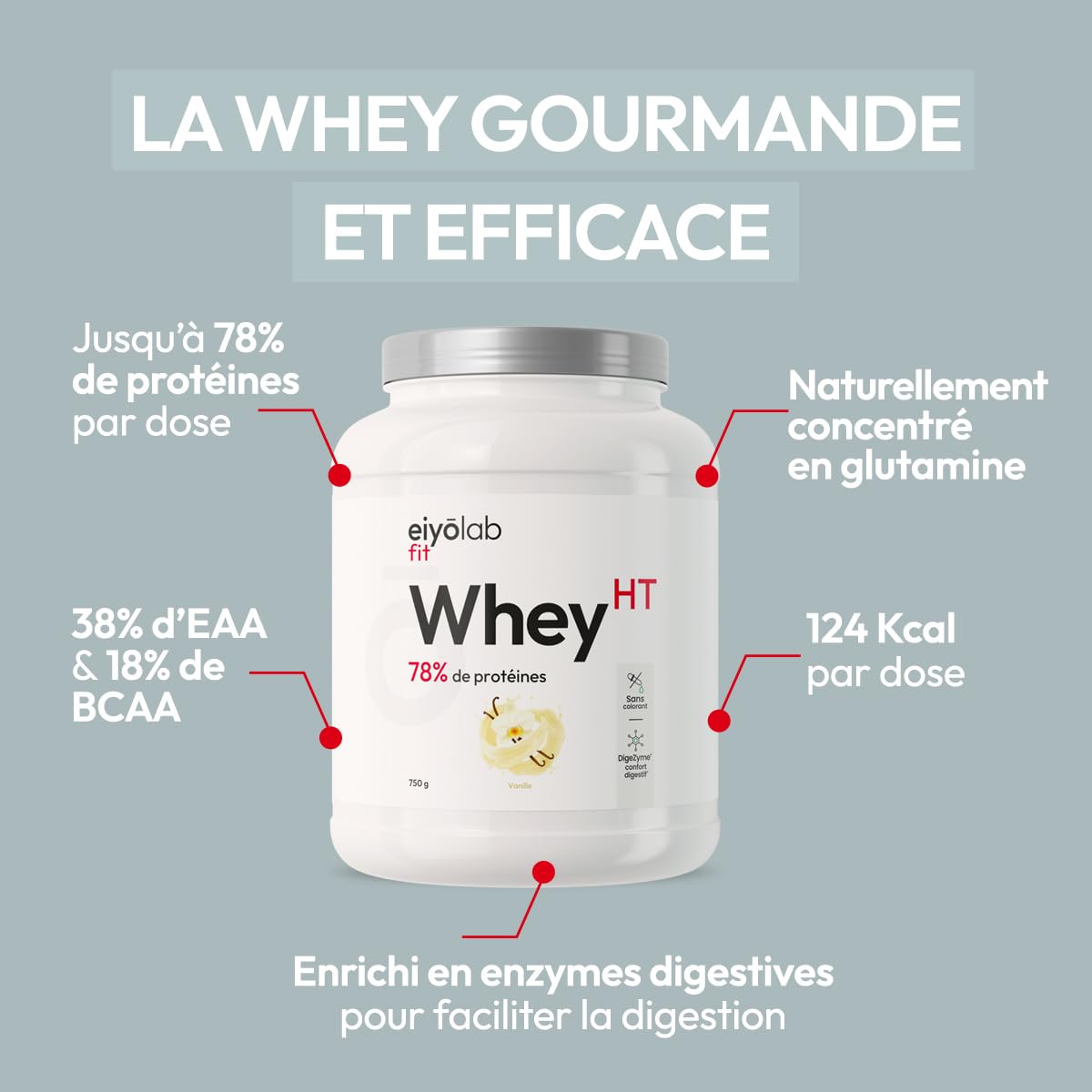 WHEY HT | Jusqu’à 78% de Protéines | Riche en BCAA & Glutamine | Construction Musculaire Rapide | Faible en Calories & Sucres | Digestion Facile | Texture Onctueuse Goût Vanille | 750g | Eiyolab