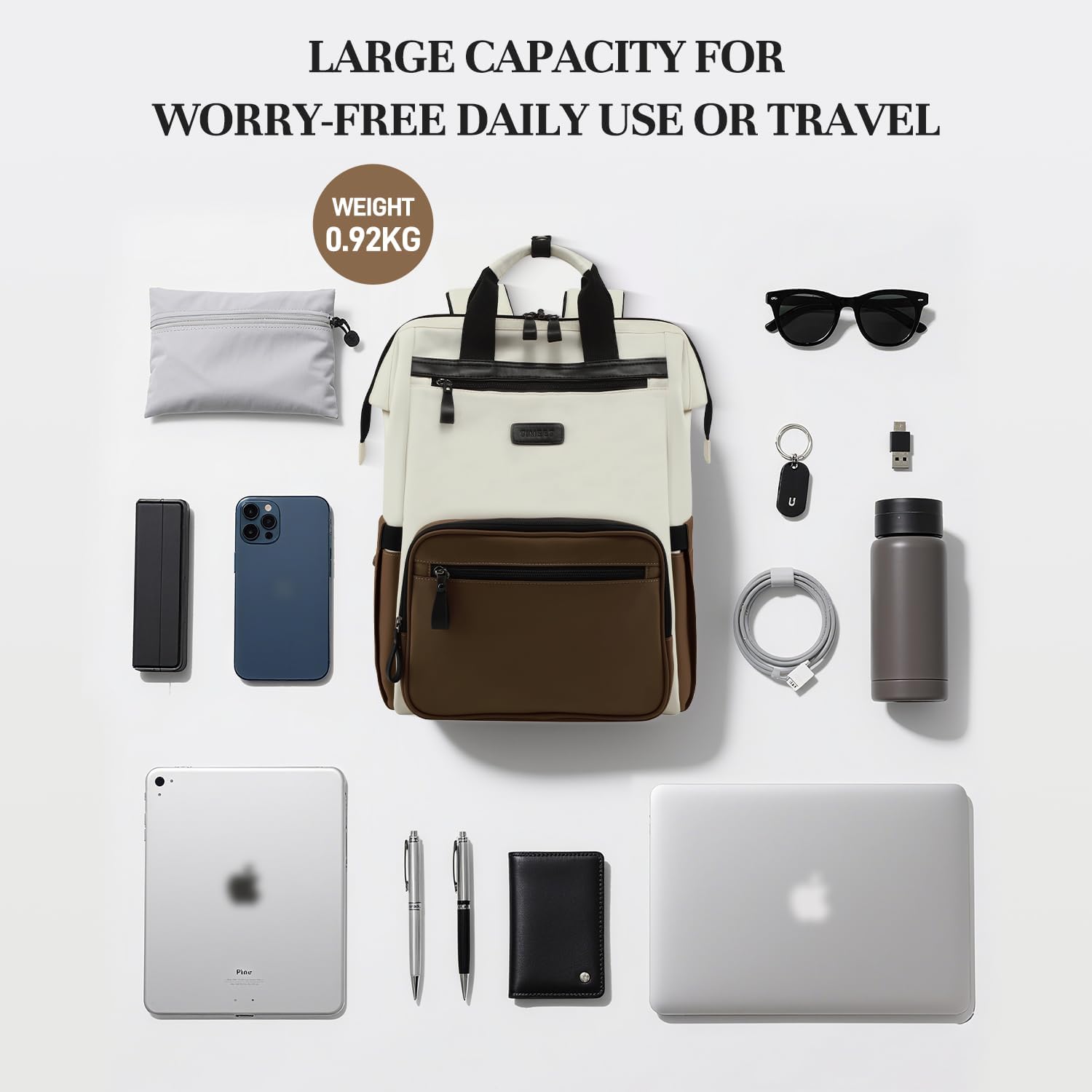 Timeet Laptop Backpack for Women Men, 15.6 Inch Travel Backpack with USB Charging Port, Water Resistant & Anti-theft for Work College Business, Multifunctional Carry on Backpack, White-brown - Image 8
