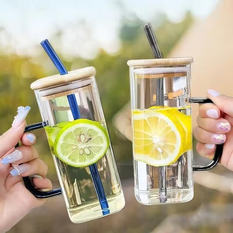 Image of ANKUL Random Clour Squre Glass Sipper Tumbler Tea Coffee Can with Wooden Lid and Straw - 400ml - Pack of 2 - Fruit Milk Juice Cup Glass Straw (Square Mug Wooden Lid, 2)