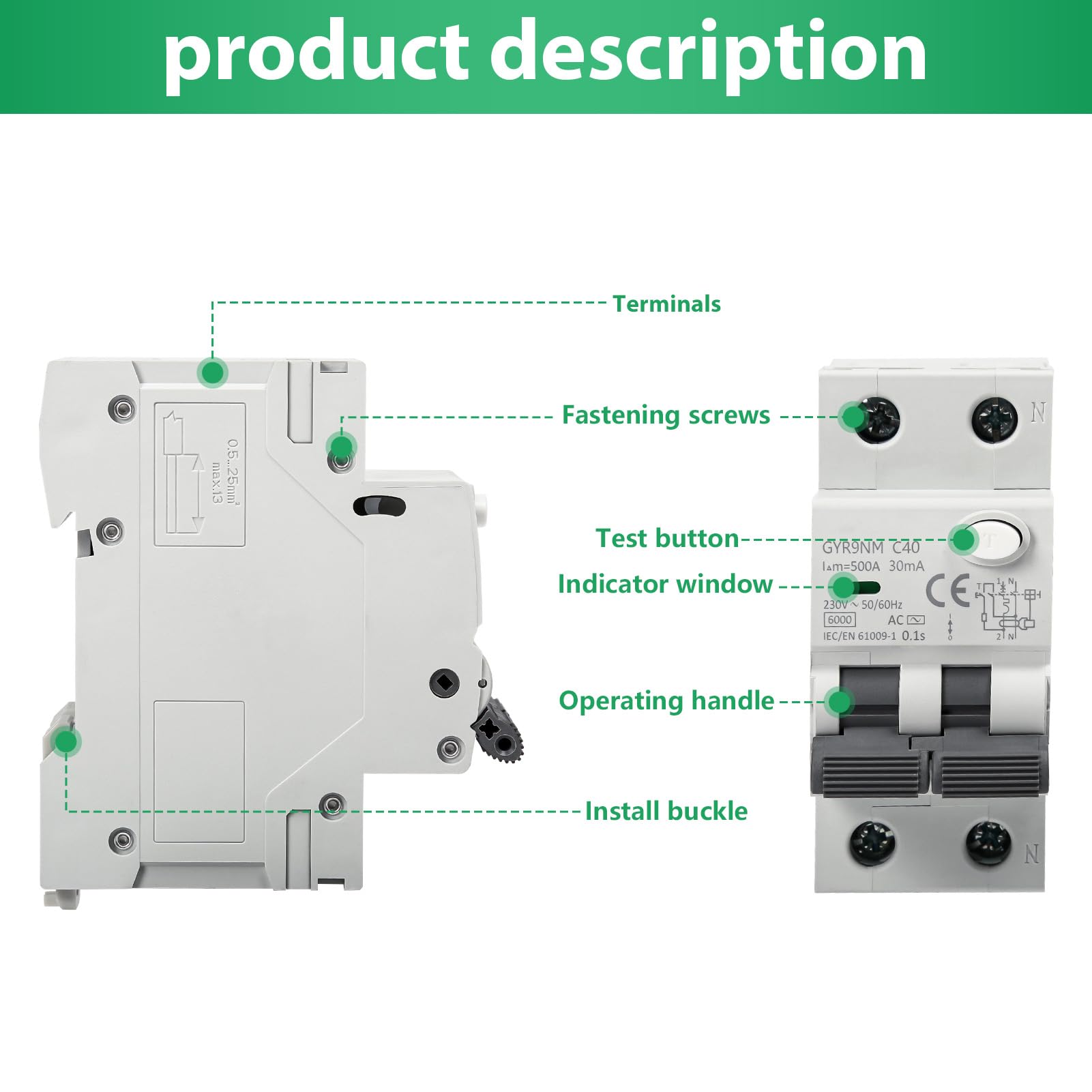 Disjoncteur différentiel 40a 30ma 1P+N Interrupteur Différentiel RCBO 6KA AC 220V avec protection contre les courants de fuite, les surcharges et les courts circuits.