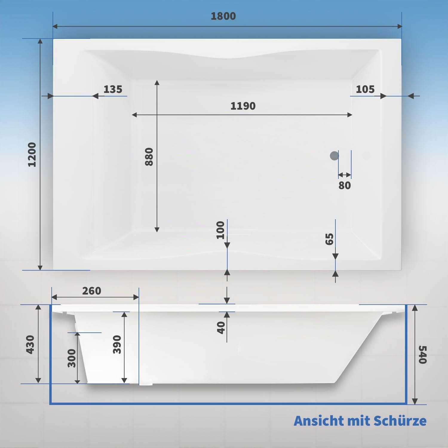 Aquade Acryl Badewanne 180x120 Modell: Hamburg - Weiß Badewanne Komplettset 180x120 - Badewannen Mit Wannenfüßen + Schürze + Nackenkissen + Led